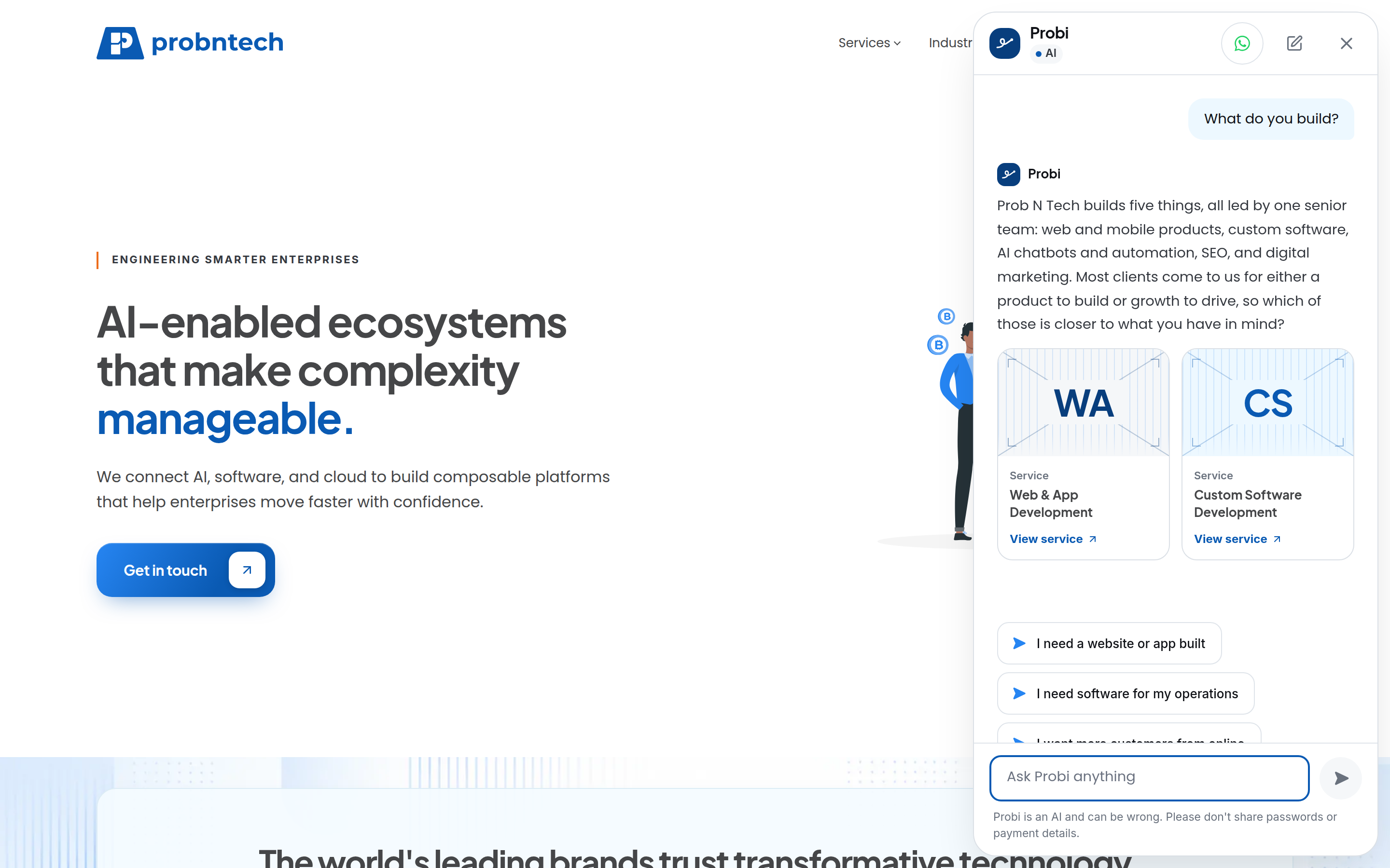Probi, the AI assistant, answering on probntech.com